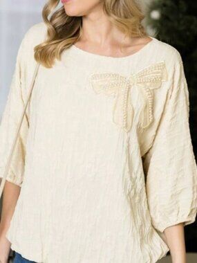 Joh Apparel Chic Beige Textured Blouse with Pearl Bow